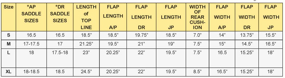 Antares Saddle Flap Size Chart