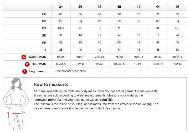 Ladies Breeches Size Chart